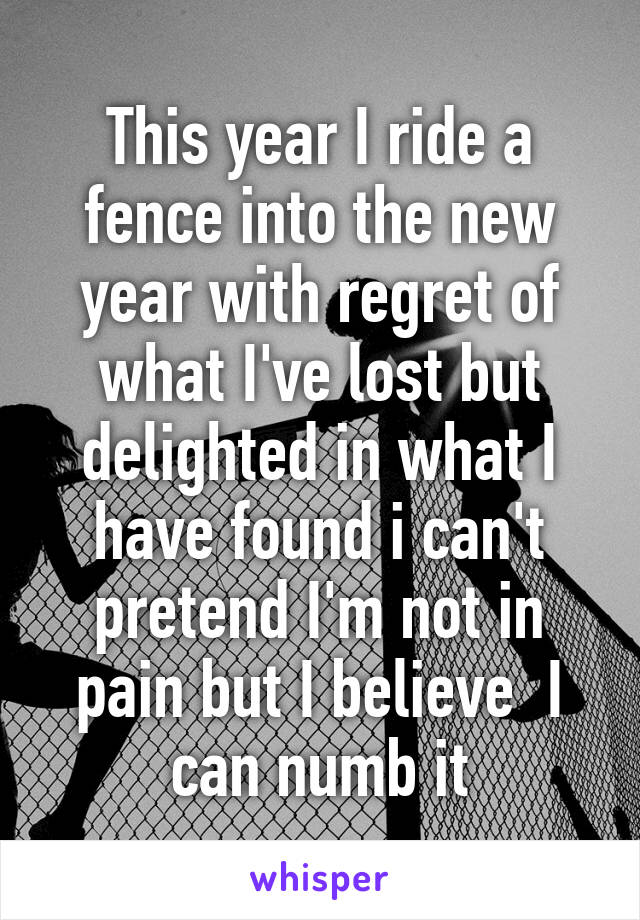 This year I ride a fence into the new year with regret of what I've lost but delighted in what I have found i can't pretend I'm not in pain but I believe  I can numb it