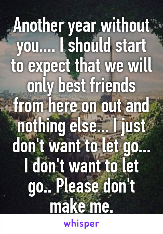 Another year without you.... I should start to expect that we will only best friends from here on out and nothing else... I just don't want to let go... I don't want to let go.. Please don't make me.