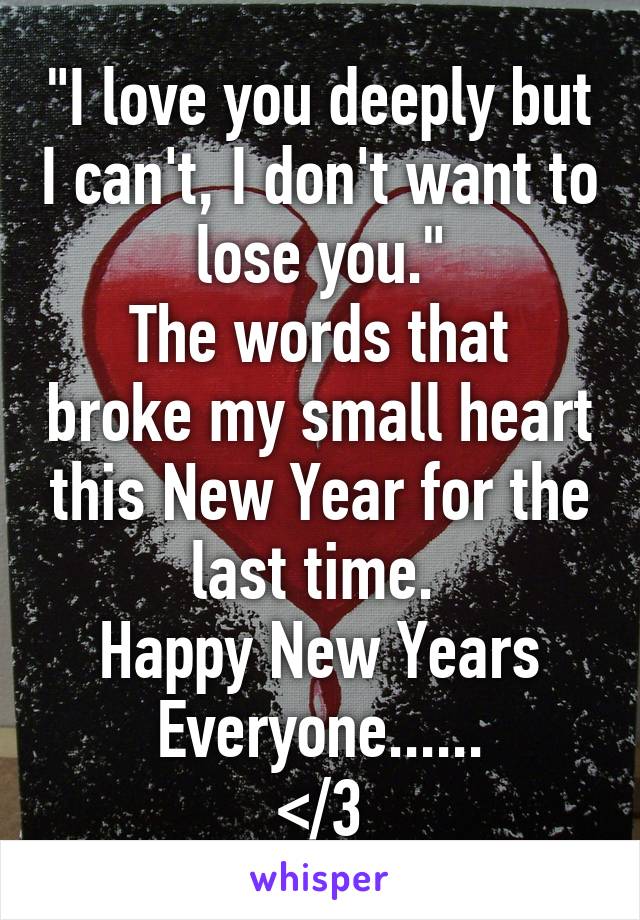 "I love you deeply but I can't, I don't want to lose you."
The words that broke my small heart this New Year for the last time. 
Happy New Years Everyone......
</3