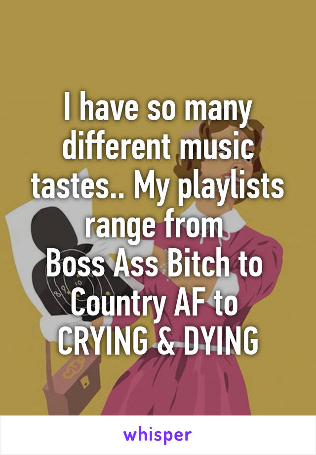 I have so many different music tastes.. My playlists range from 
Boss Ass Bitch to 
Country AF to 
CRYING & DYING