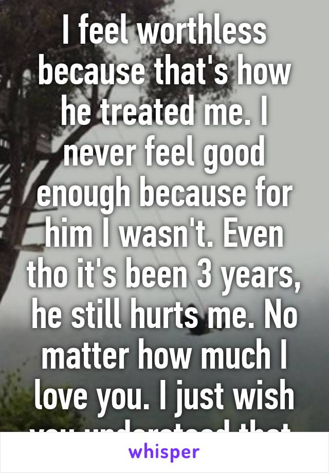 I feel worthless because that's how he treated me. I never feel good enough because for him I wasn't. Even tho it's been 3 years, he still hurts me. No matter how much I love you. I just wish you understood that.