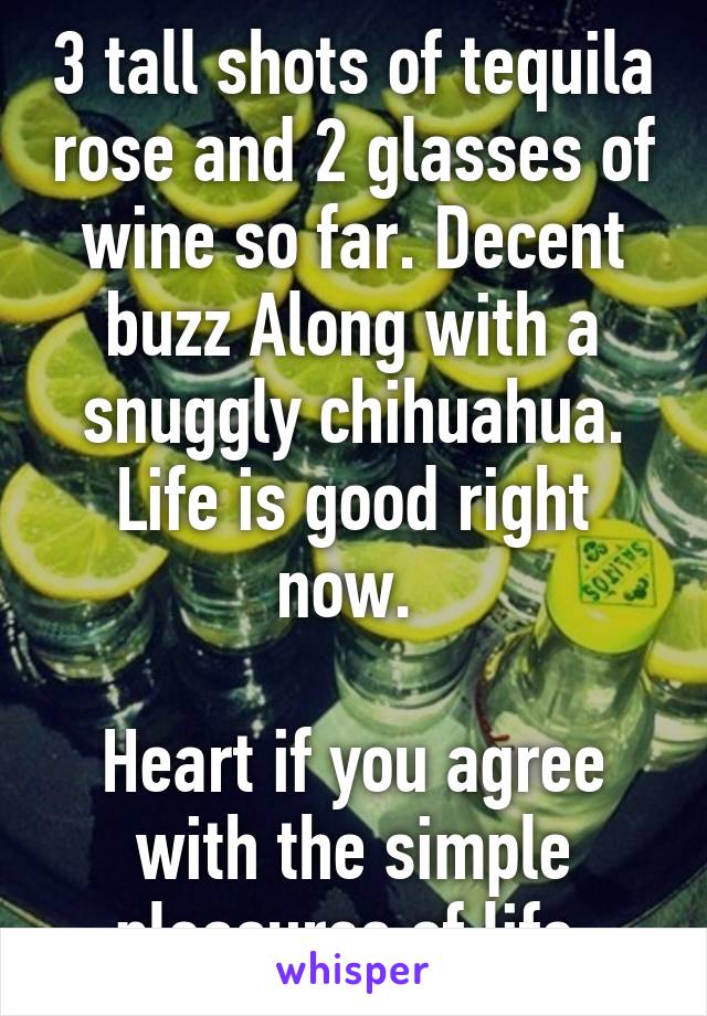 3 tall shots of tequila rose and 2 glasses of wine so far. Decent buzz Along with a snuggly chihuahua. Life is good right now. 

Heart if you agree with the simple pleasures of life.