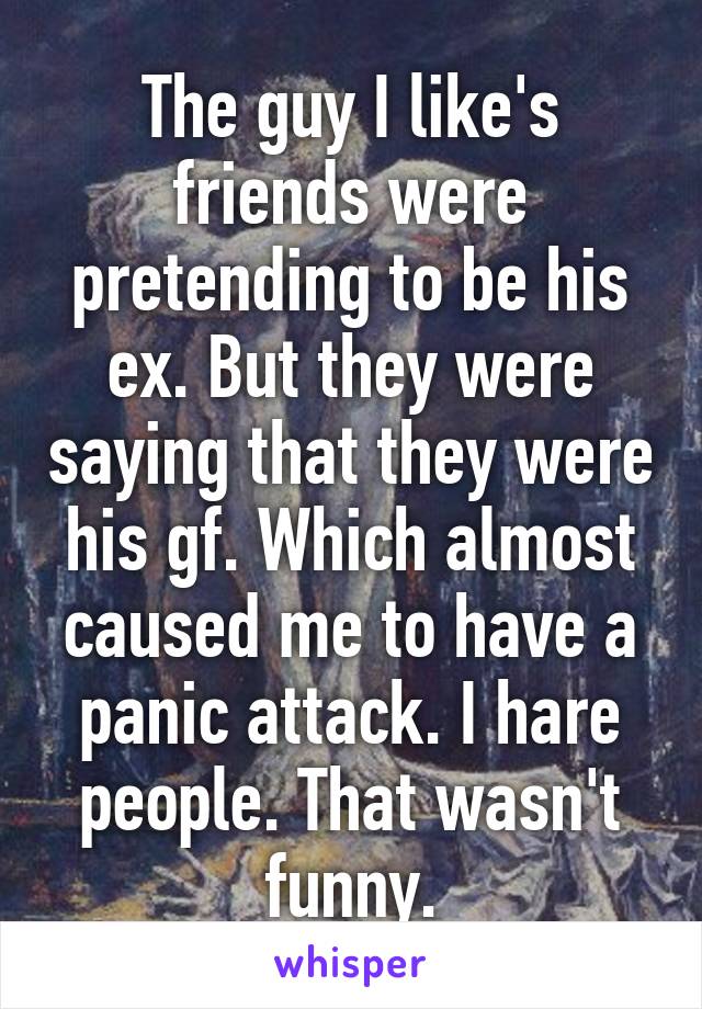 The guy I like's friends were pretending to be his ex. But they were saying that they were his gf. Which almost caused me to have a panic attack. I hare people. That wasn't funny.