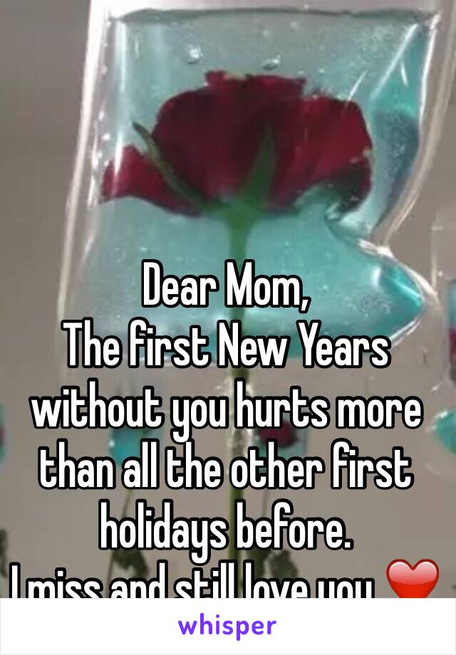 Dear Mom,
The first New Years without you hurts more than all the other first holidays before.
I miss and still love you.❤️