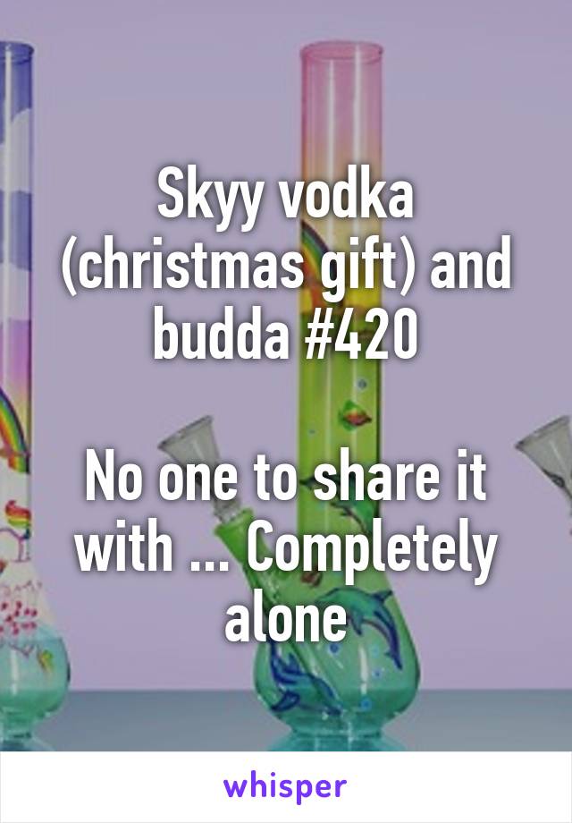 Skyy vodka (christmas gift) and budda #420

No one to share it with ... Completely alone