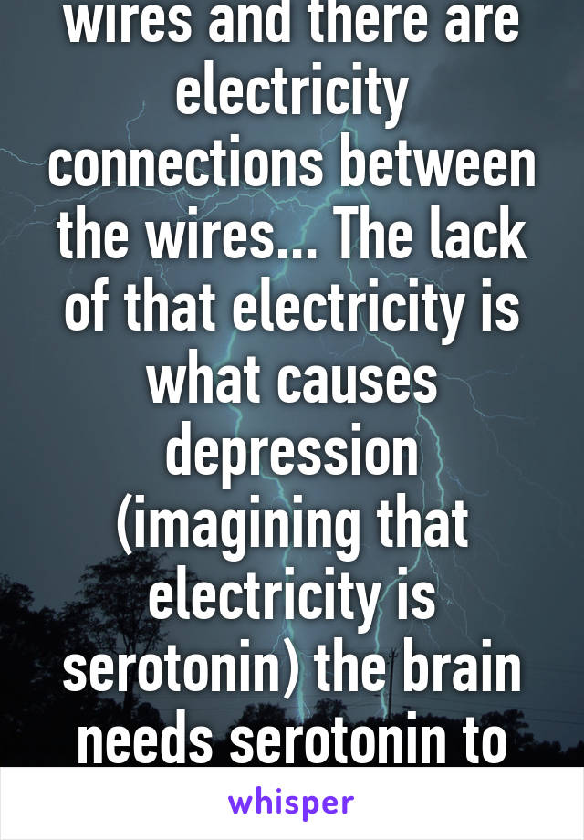 Imagine your brain is wires and there are electricity connections between the wires... The lack of that electricity is what causes depression (imagining that electricity is serotonin) the brain needs serotonin to function and process corre 