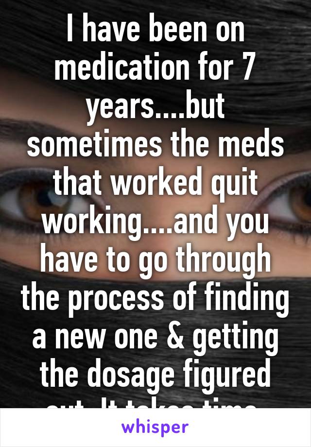 I have been on medication for 7 years....but sometimes the meds that worked quit working....and you have to go through the process of finding a new one & getting the dosage figured out. It takes time.