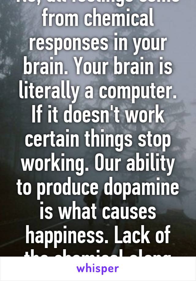 No, all feelings come from chemical responses in your brain. Your brain is literally a computer. If it doesn't work certain things stop working. Our ability to produce dopamine is what causes happiness. Lack of the chemical along with