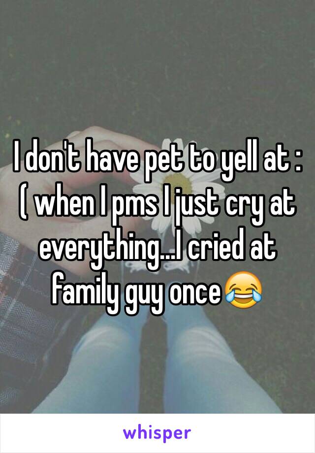 I don't have pet to yell at :( when I pms I just cry at everything...I cried at family guy once😂