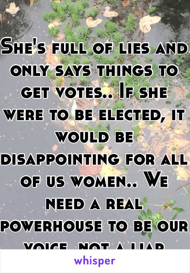 She's full of lies and only says things to get votes.. If she were to be elected, it would be disappointing for all of us women.. We need a real powerhouse to be our voice, not a liar