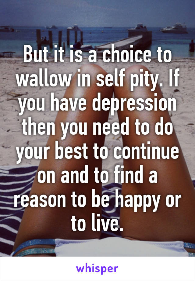 But it is a choice to wallow in self pity. If you have depression then you need to do your best to continue on and to find a reason to be happy or to live.