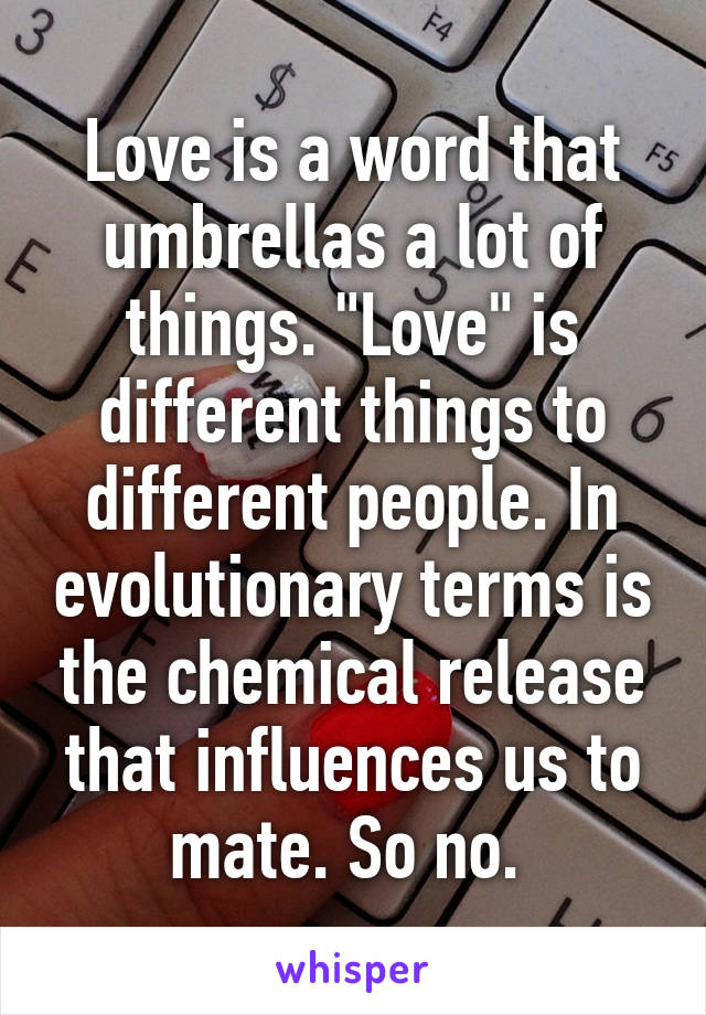 Love is a word that umbrellas a lot of things. "Love" is different things to different people. In evolutionary terms is the chemical release that influences us to mate. So no. 