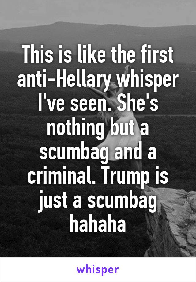 This is like the first anti-Hellary whisper I've seen. She's nothing but a scumbag and a criminal. Trump is just a scumbag hahaha