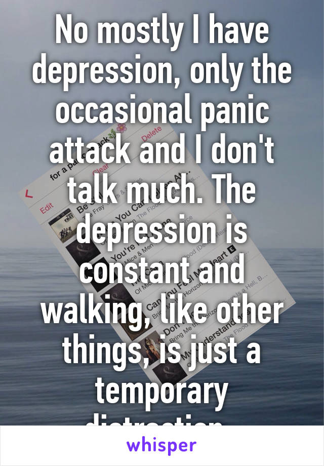 No mostly I have depression, only the occasional panic attack and I don't talk much. The depression is constant and walking, like other things, is just a temporary distraction. 