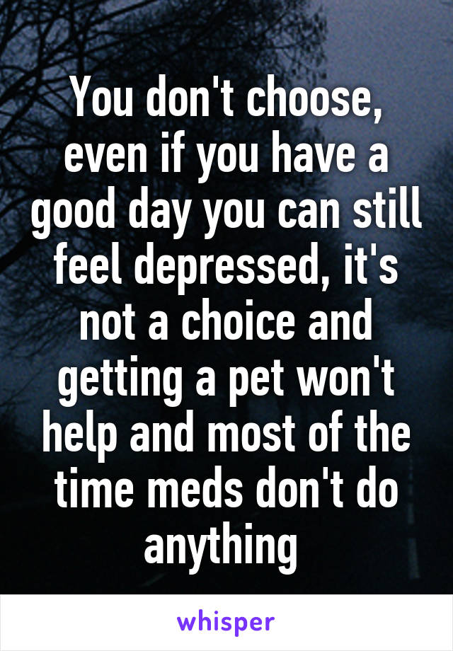 You don't choose, even if you have a good day you can still feel depressed, it's not a choice and getting a pet won't help and most of the time meds don't do anything 