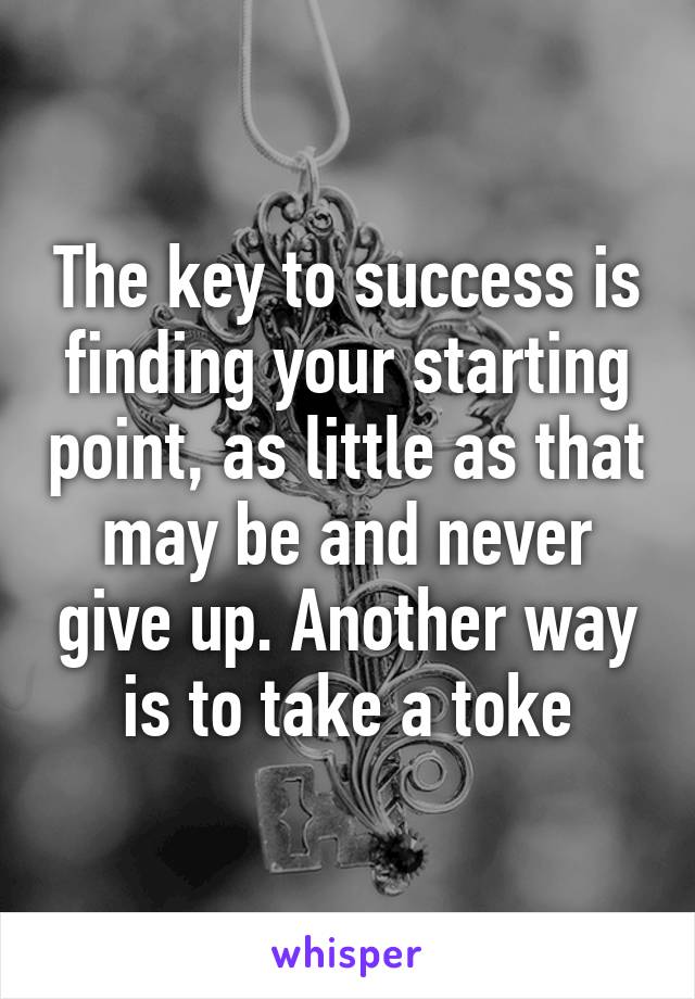 The key to success is finding your starting point, as little as that may be and never give up. Another way is to take a toke