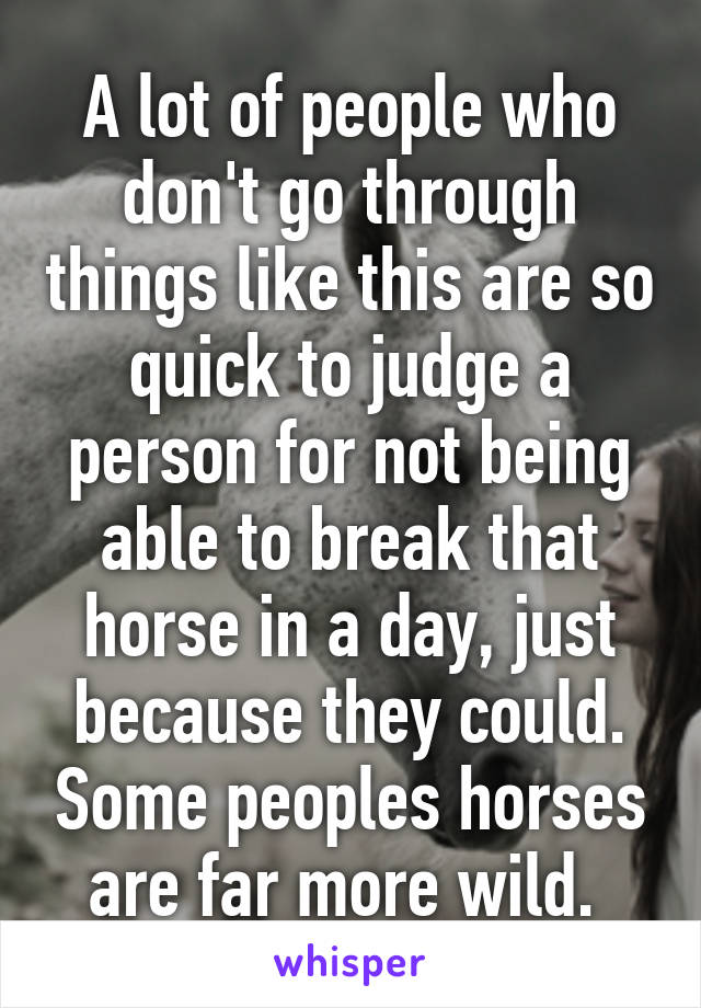 A lot of people who don't go through things like this are so quick to judge a person for not being able to break that horse in a day, just because they could. Some peoples horses are far more wild. 