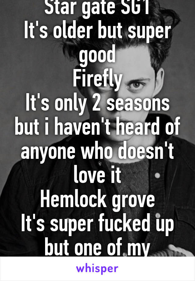 Star gate SG1
It's older but super good
Firefly
It's only 2 seasons but i haven't heard of anyone who doesn't love it
Hemlock grove
It's super fucked up but one of my favorites 