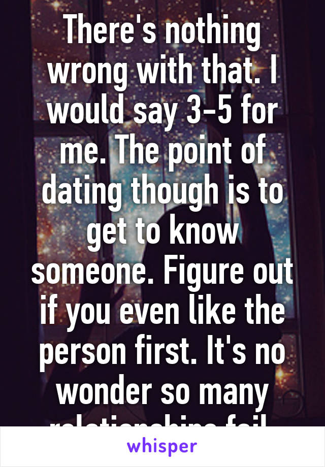 There's nothing wrong with that. I would say 3-5 for me. The point of dating though is to get to know someone. Figure out if you even like the person first. It's no wonder so many relationships fail.