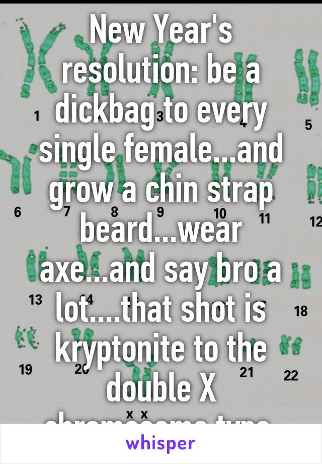 New Year's resolution: be a dickbag to every single female...and grow a chin strap beard...wear axe...and say bro a lot....that shot is kryptonite to the double X chromosome type 