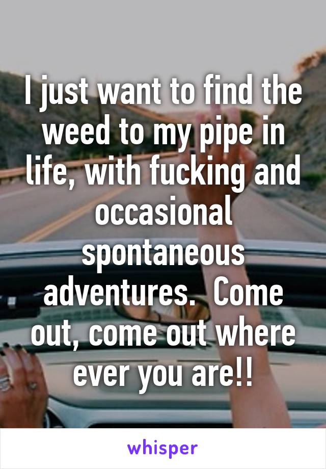I just want to find the weed to my pipe in life, with fucking and occasional spontaneous adventures.  Come out, come out where ever you are!!