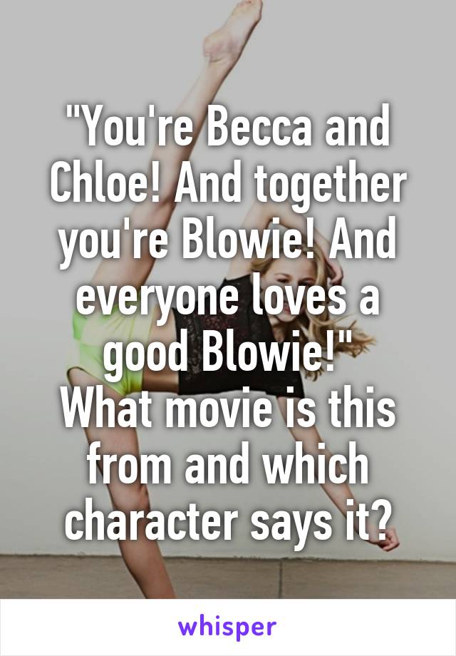 "You're Becca and Chloe! And together you're Blowie! And everyone loves a good Blowie!"
What movie is this from and which character says it?