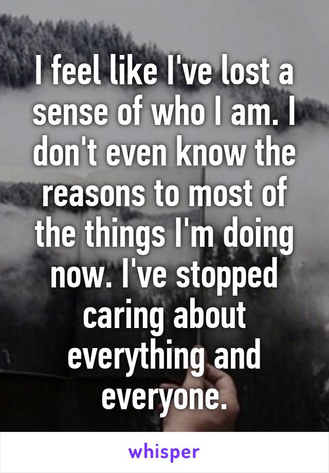 I feel like I've lost a sense of who I am. I don't even know the reasons to most of the things I'm doing now. I've stopped caring about everything and everyone.