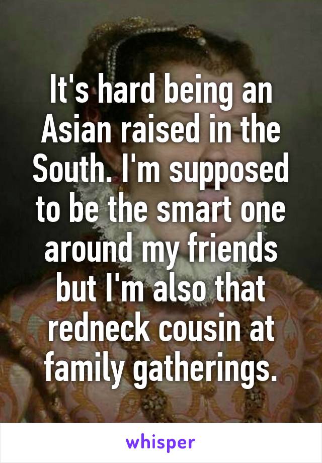 It's hard being an Asian raised in the South. I'm supposed to be the smart one around my friends but I'm also that redneck cousin at family gatherings.