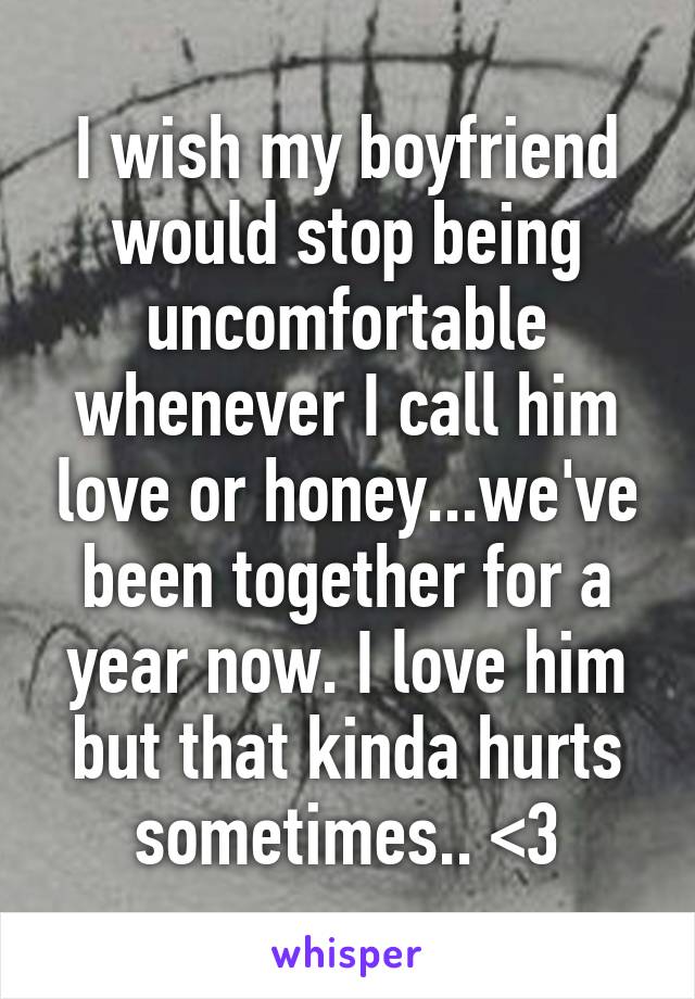 I wish my boyfriend would stop being uncomfortable whenever I call him love or honey...we've been together for a year now. I love him but that kinda hurts sometimes.. <\3