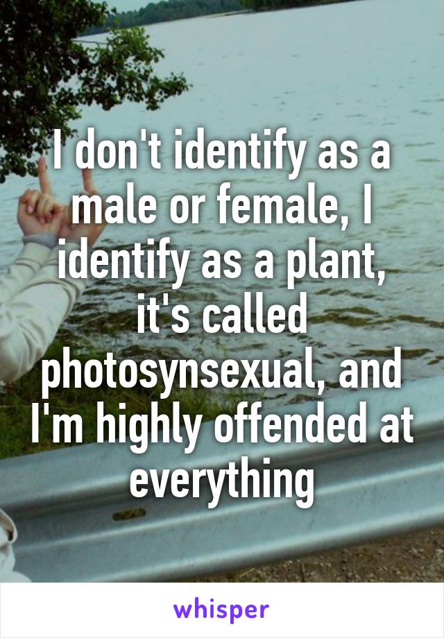 I don't identify as a male or female, I identify as a plant, it's called photosynsexual, and I'm highly offended at everything