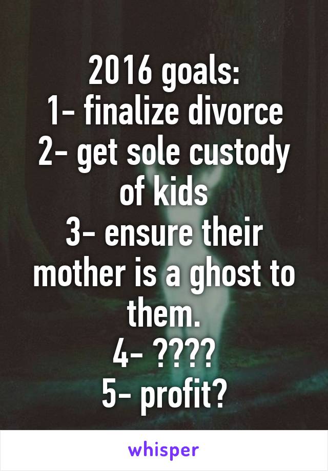 2016 goals:
1- finalize divorce
2- get sole custody of kids
3- ensure their mother is a ghost to them.
4- ????
5- profit?