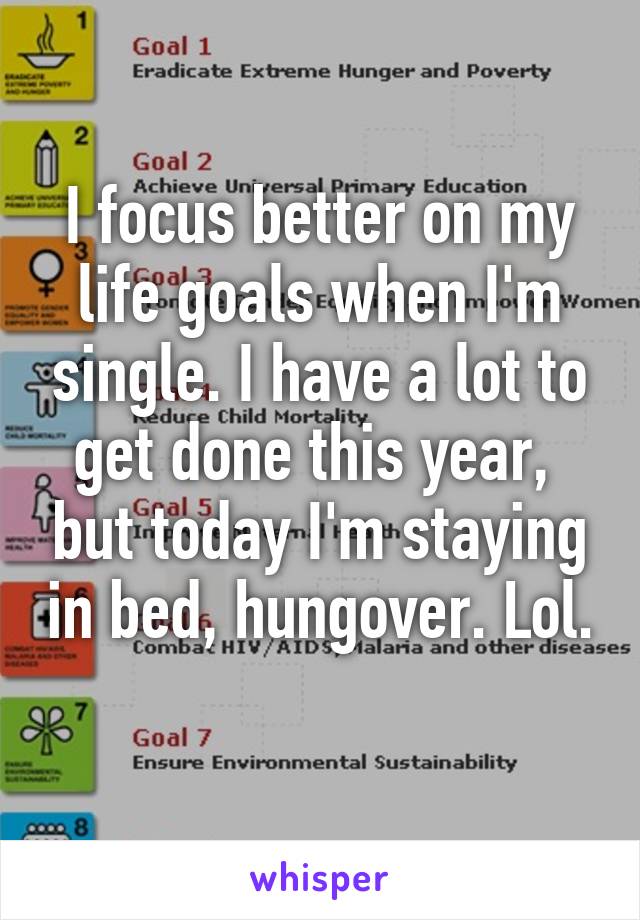I focus better on my life goals when I'm single. I have a lot to get done this year,  but today I'm staying in bed, hungover. Lol. 