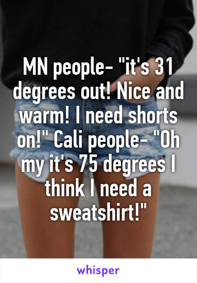 MN people- "it's 31 degrees out! Nice and warm! I need shorts on!" Cali people- "Oh my it's 75 degrees I think I need a sweatshirt!"