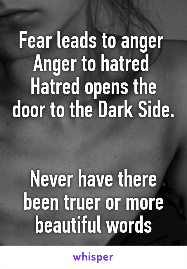 Fear leads to anger 
Anger to hatred 
Hatred opens the door to the Dark Side. 

Never have there been truer or more beautiful words