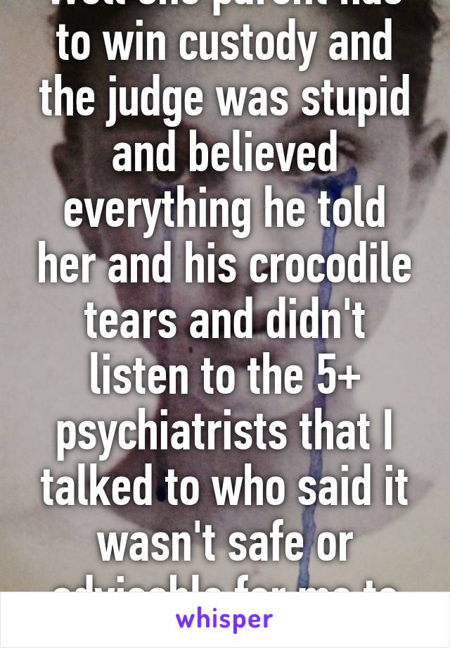 Well one parent has to win custody and the judge was stupid and believed everything he told her and his crocodile tears and didn't listen to the 5+ psychiatrists that I talked to who said it wasn't safe or advisable for me to visit.