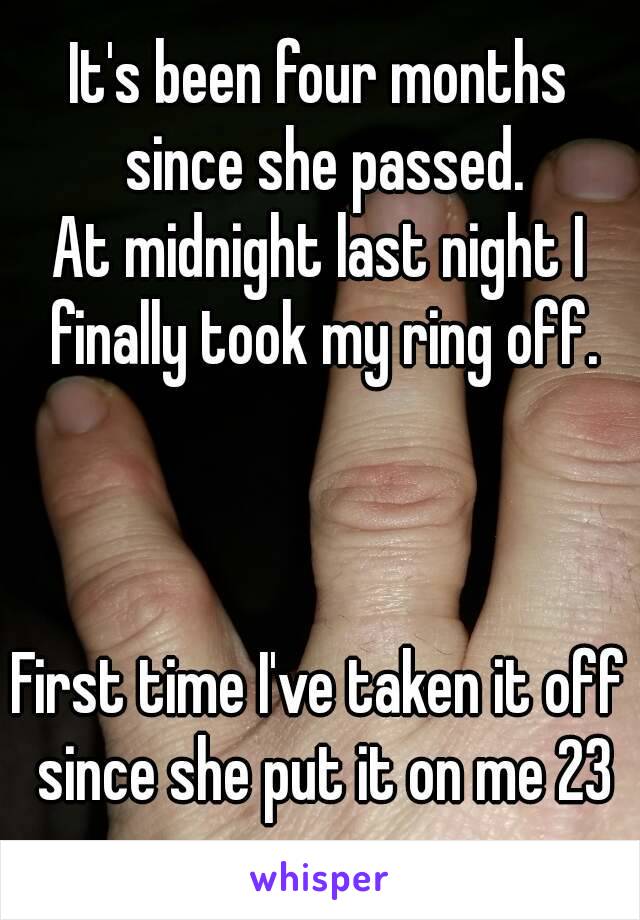 It's been four months since she passed.
At midnight last night I finally took my ring off.



First time I've taken it off since she put it on me 23 years ago.