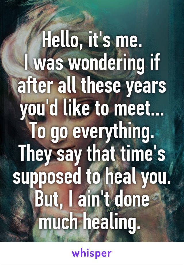 Hello, it's me.
I was wondering if after all these years you'd like to meet...
To go everything.
They say that time's supposed to heal you.
But, I ain't done much healing. 