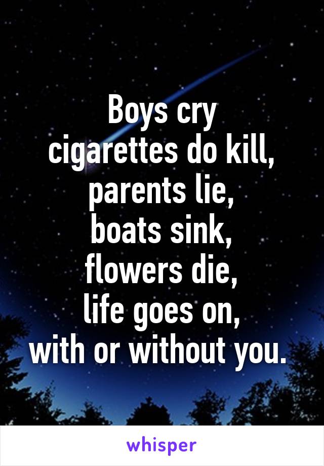Boys cry
cigarettes do kill,
parents lie,
boats sink,
flowers die,
life goes on,
with or without you. 