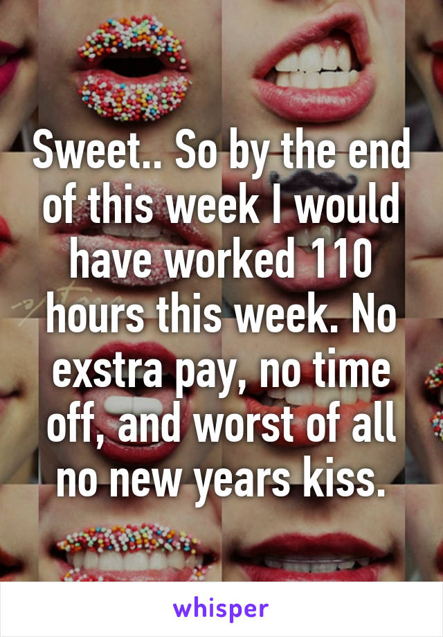 Sweet.. So by the end of this week I would have worked 110 hours this week. No exstra pay, no time off, and worst of all no new years kiss.
