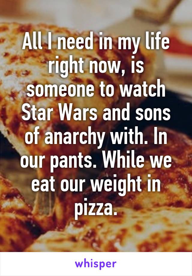 All I need in my life right now, is someone to watch Star Wars and sons of anarchy with. In our pants. While we eat our weight in pizza.
