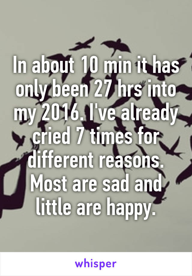 In about 10 min it has only been 27 hrs into my 2016. I've already cried 7 times for different reasons. Most are sad and little are happy.