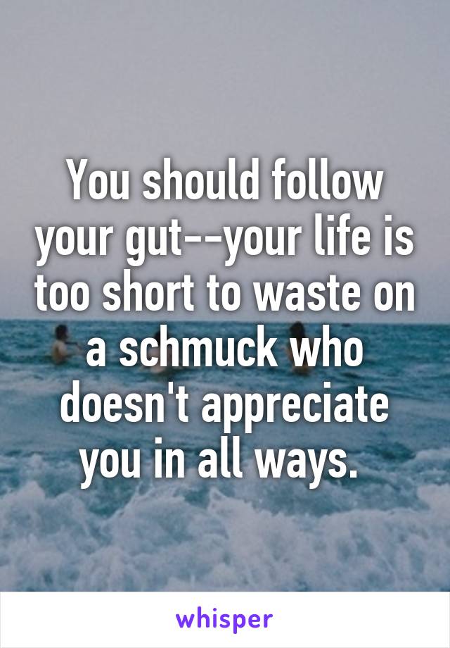 You should follow your gut--your life is too short to waste on a schmuck who doesn't appreciate you in all ways. 