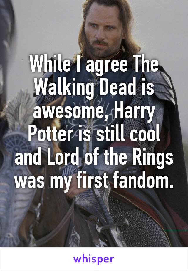 While I agree The Walking Dead is awesome, Harry Potter is still cool and Lord of the Rings was my first fandom. 