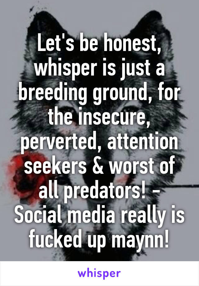 Let's be honest, whisper is just a breeding ground, for the insecure, perverted, attention seekers & worst of all predators! - Social media really is fucked up maynn!
