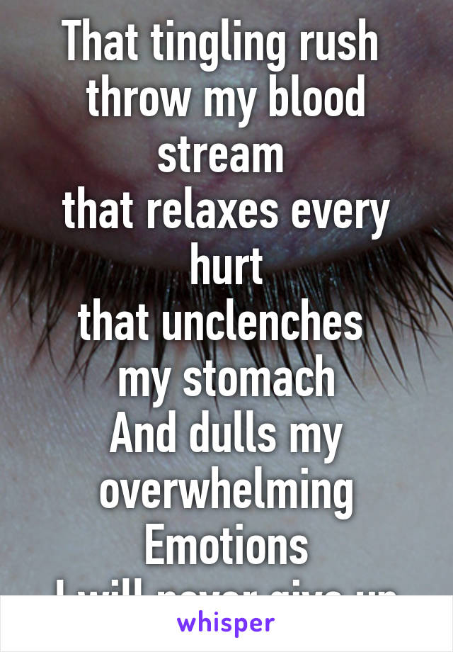 That tingling rush 
throw my blood stream 
that relaxes every hurt
that unclenches 
my stomach
And dulls my overwhelming
Emotions
I will never give up
