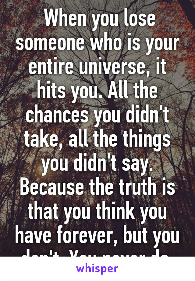  When you lose someone who is your entire universe, it hits you. All the chances you didn't take, all the things you didn't say. Because the truth is that you think you have forever, but you don't. You never do.