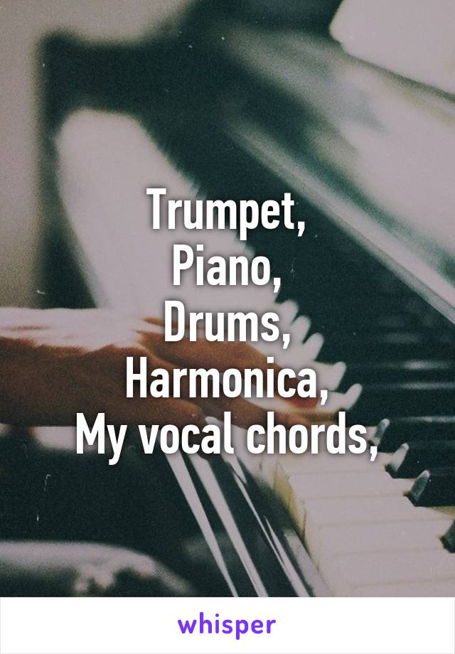 Trumpet,
Piano,
Drums,
Harmonica,
My vocal chords,