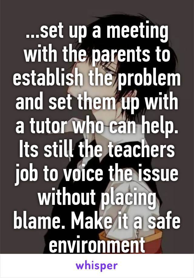 ...set up a meeting with the parents to establish the problem and set them up with a tutor who can help.
Its still the teachers job to voice the issue without placing blame. Make it a safe environment