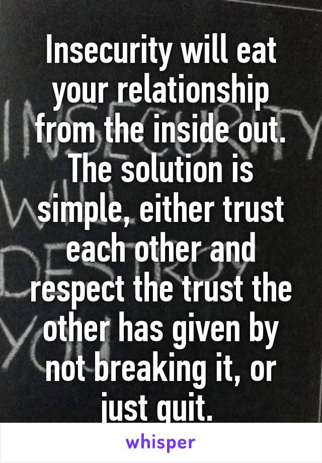 Insecurity will eat your relationship from the inside out. The solution is simple, either trust each other and respect the trust the other has given by not breaking it, or just quit. 