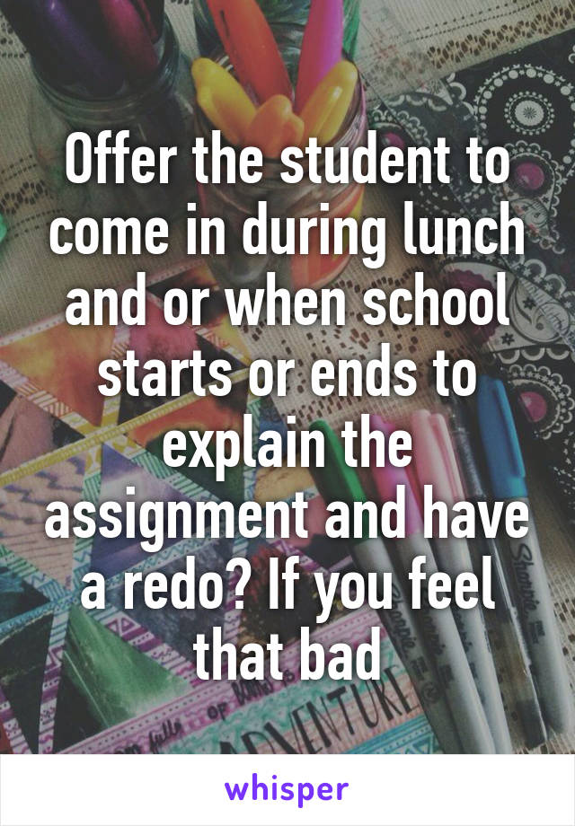 Offer the student to come in during lunch and or when school starts or ends to explain the assignment and have a redo? If you feel that bad